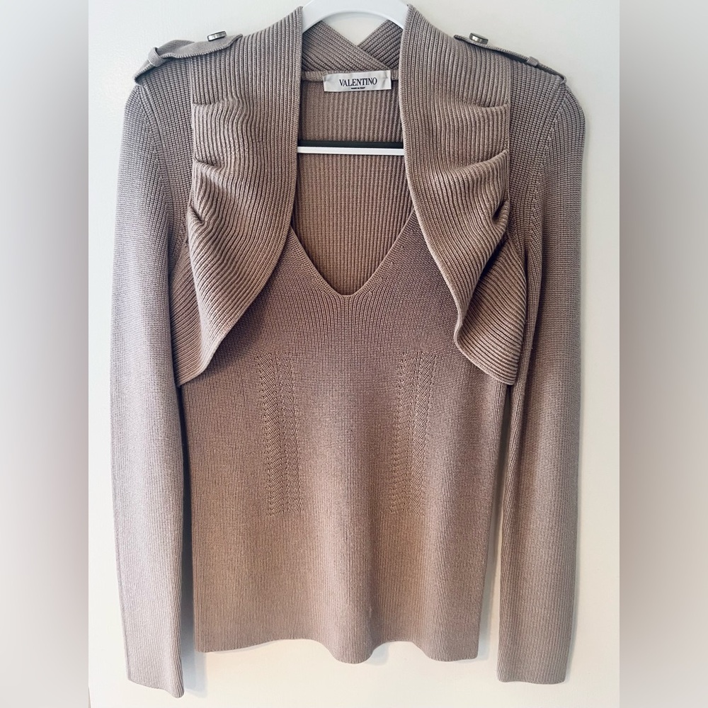 Valentino V-Neck Ribbed Ruffle Sweater